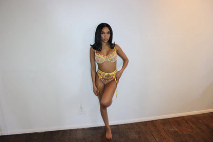 Sunshine yellow bra and thong set with flower details
