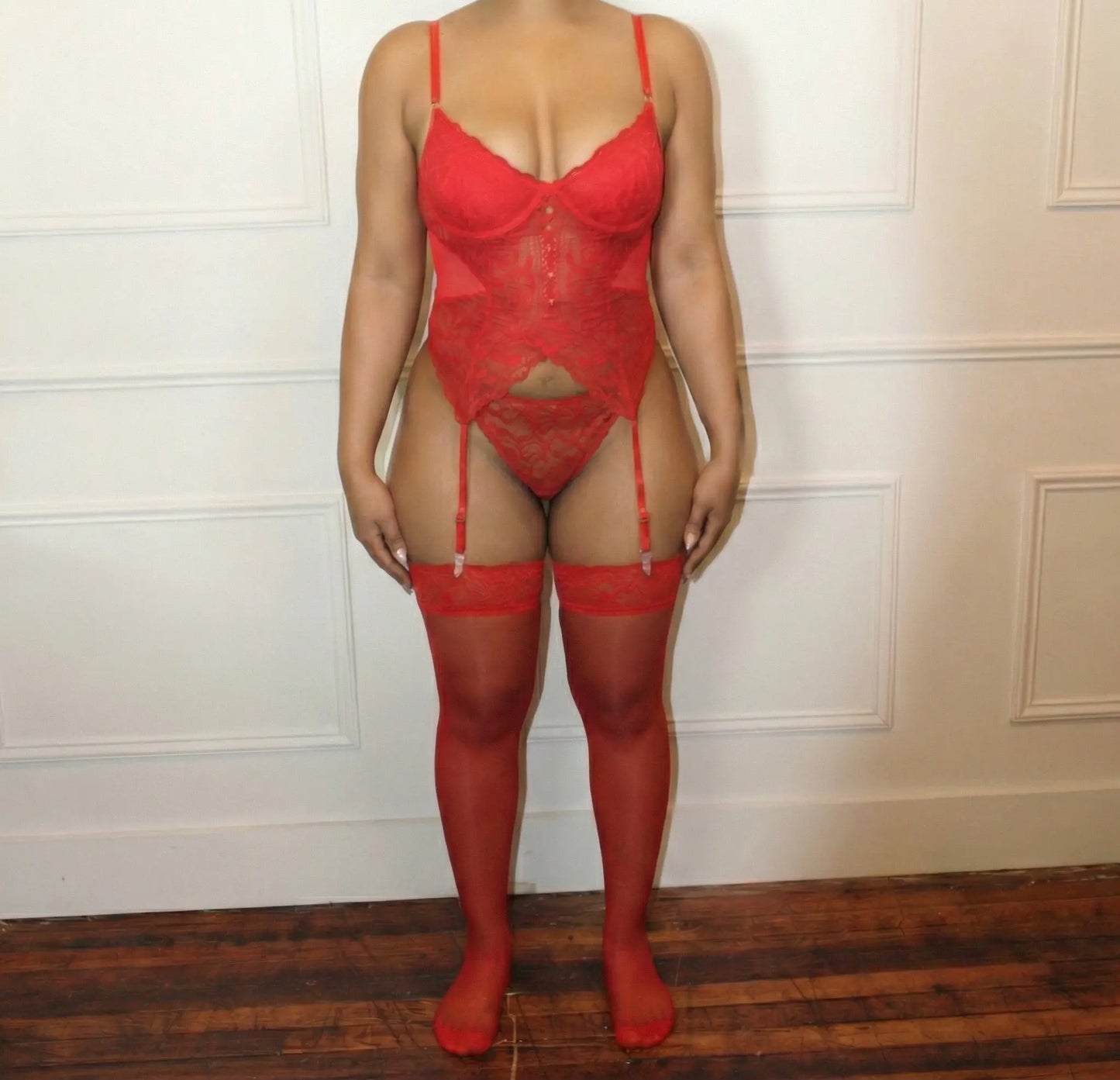 DEVOIR three-piece lace lingerie set with stockings